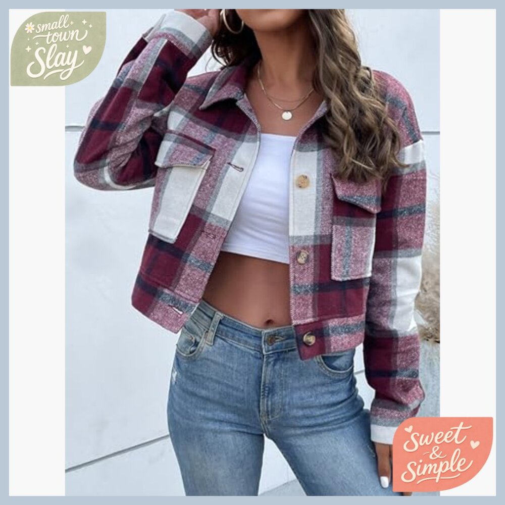 Flannel Cropped Plaid Shacket Jacket Button Down Long Sleeve Top - Picture 5 of 7